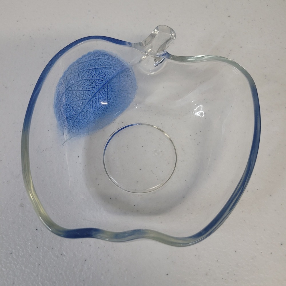 Vintage Glass Apple‎ Shaped Bowl Blue Leaf Detail Clear Art Glass Dish